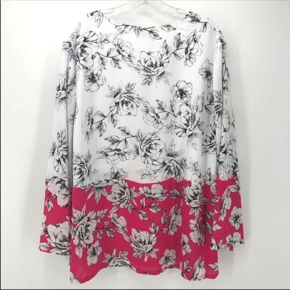 NEW Alfani Plus Top Blouse White Fuchsia Floral Peony Long Sleeves V Neck 0X - Picture 4 of 8